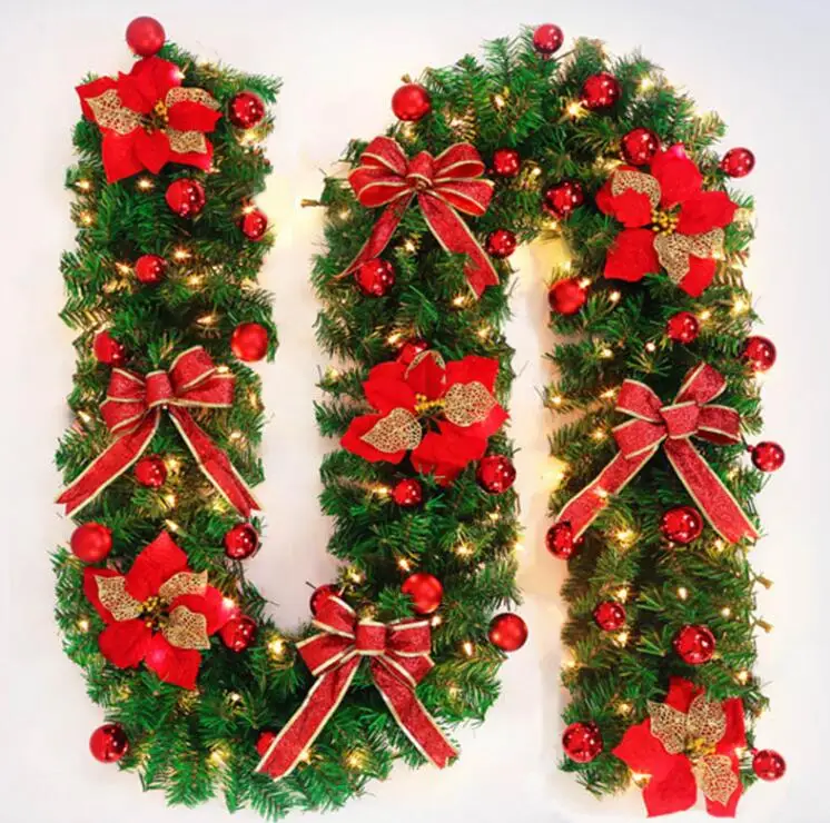 Украшения для рождественской елки, Рождественский цветок, бант, украшенная светодиодная искусственная Рождественская гирлянда