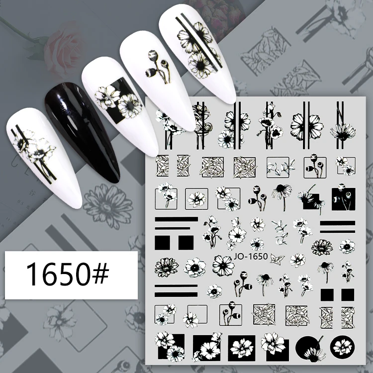 Flowers Leaves Line 3D Nail Stickers Spring Black white Leaves Design Transfer Sliders Abstract Waves Nail Art Decals Manicures