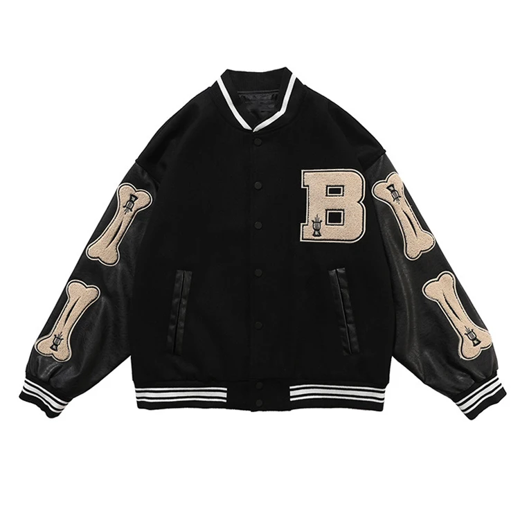 Custom Leather Chenille Embroidery Bomber Black Crew Neck Baseball Vintage Letterman Jacket for Men