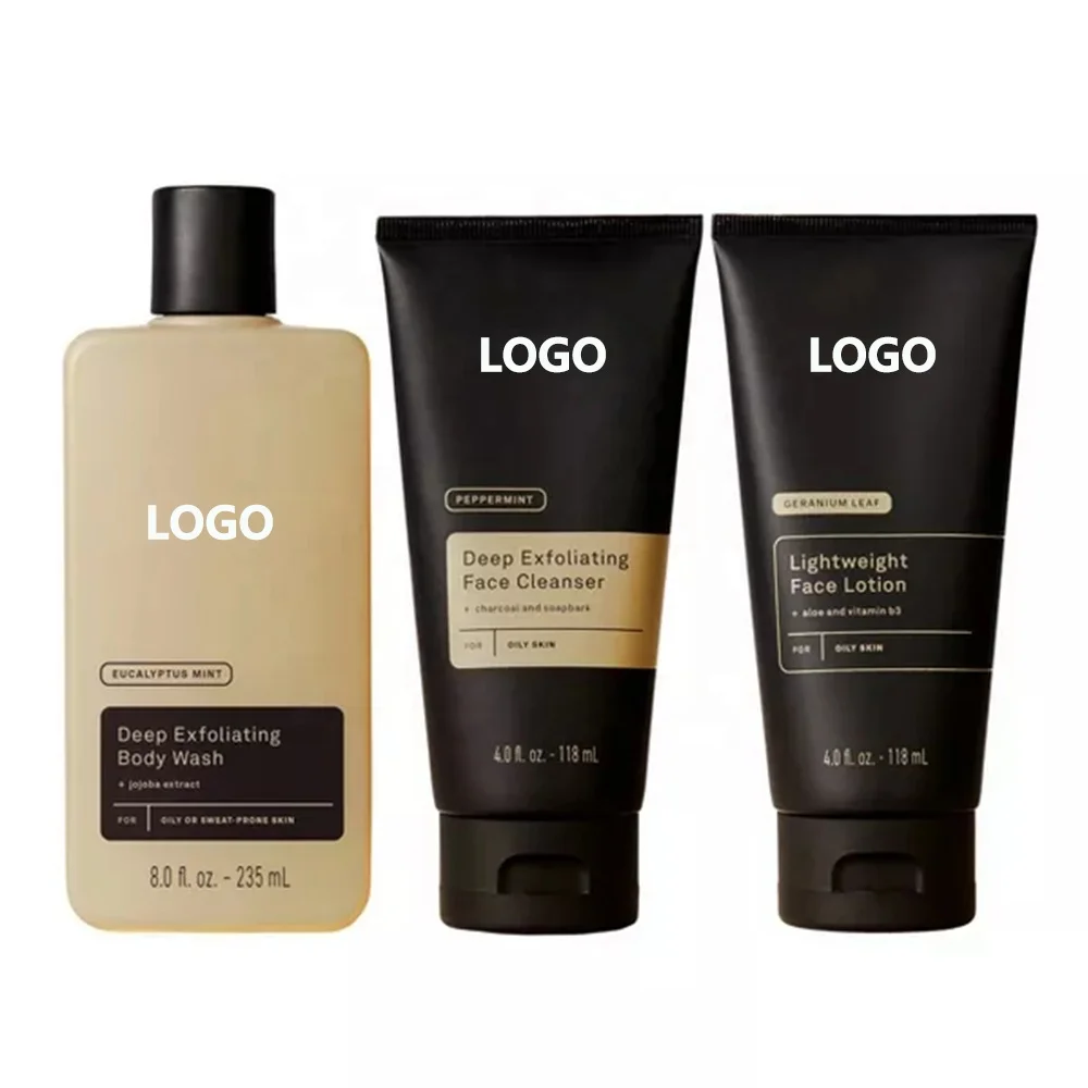 Refreshing Everyday Body Wash Shower Gel For Male + Mint Deep Exfoliating Face Cleanser + Lightweight Face Lotion For Men