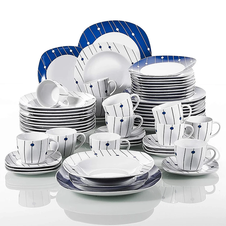 Blue And White 60pcs Dinner Set Fine Porcelain African Dinnerware Sets for 12 People
