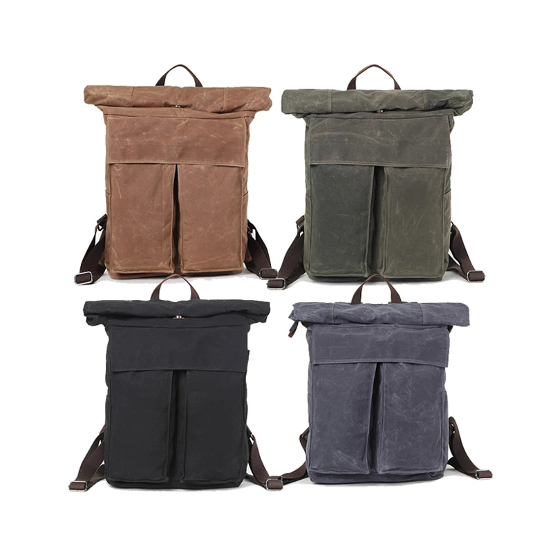 Custom korean style cheap waxed canvas genuine leather brown waterproof most durable teen school backpack