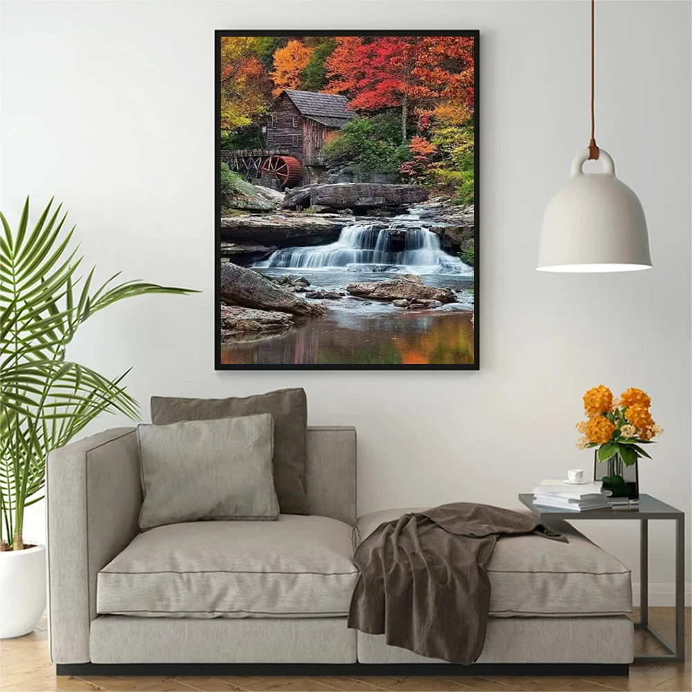 Diamond Painting House Waterfall Landscape Mosaic Home Decor Embroidery Autumn Forest Home Decor Rhinestones Diy Gift Instock