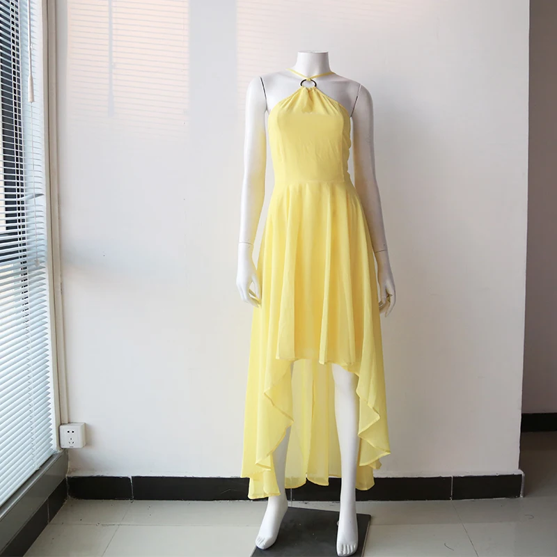 Wholesale OEM Customized Sexy Sleeveless Backless O-RING Yellow Chiffon Bridesmaids Wedding Maxi Dresses