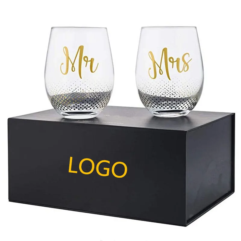 Christmas wholesale Mr and Mrs set of 2 wine glasses set wedding gift stemless wine glass with gift box