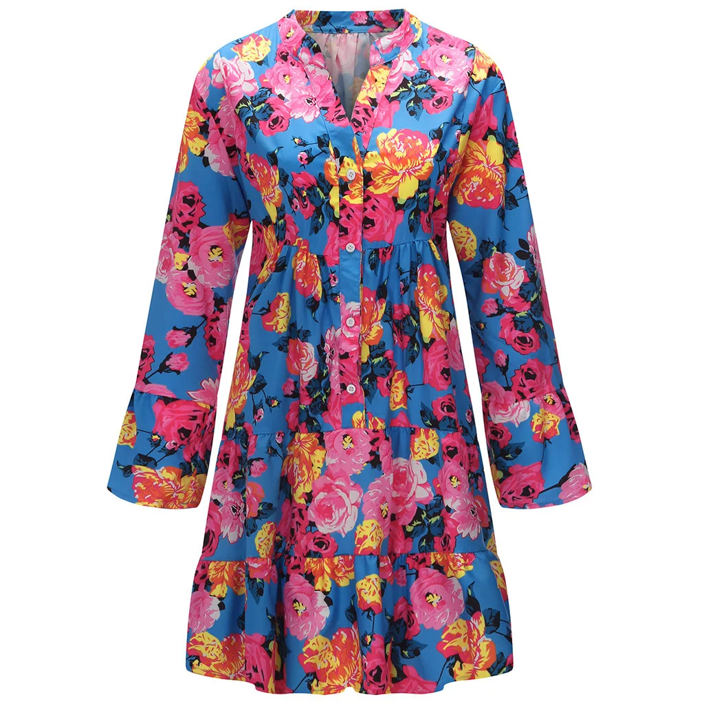 5XL Summer Boho Long Sleeve Maxi Shirts Dress Flower Floral Print Beach Dresses Loose Mini Party Tropical Tunic Dress Women