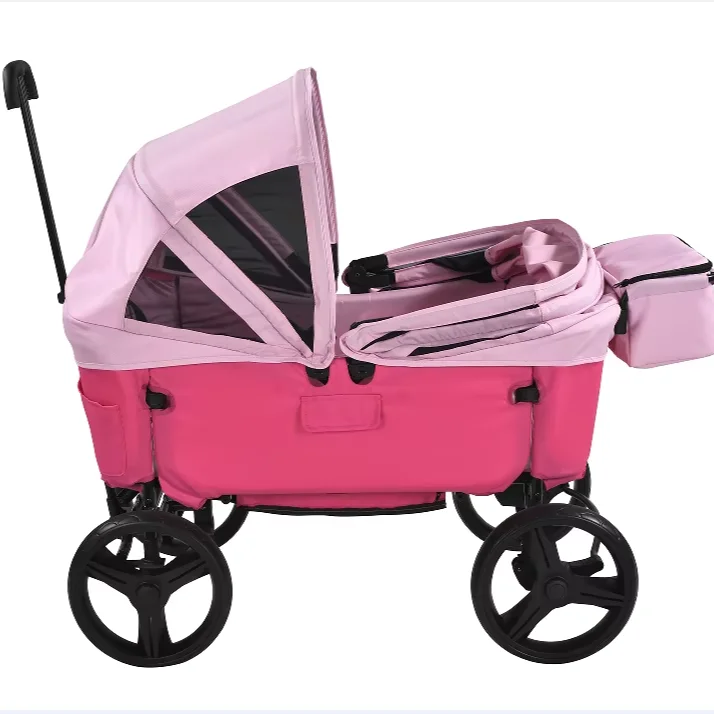Cute Pink Foldable Travel Camping Transport Wagon Cart for 0-5 years Kids Double Seats Wagon Stroller Pram
