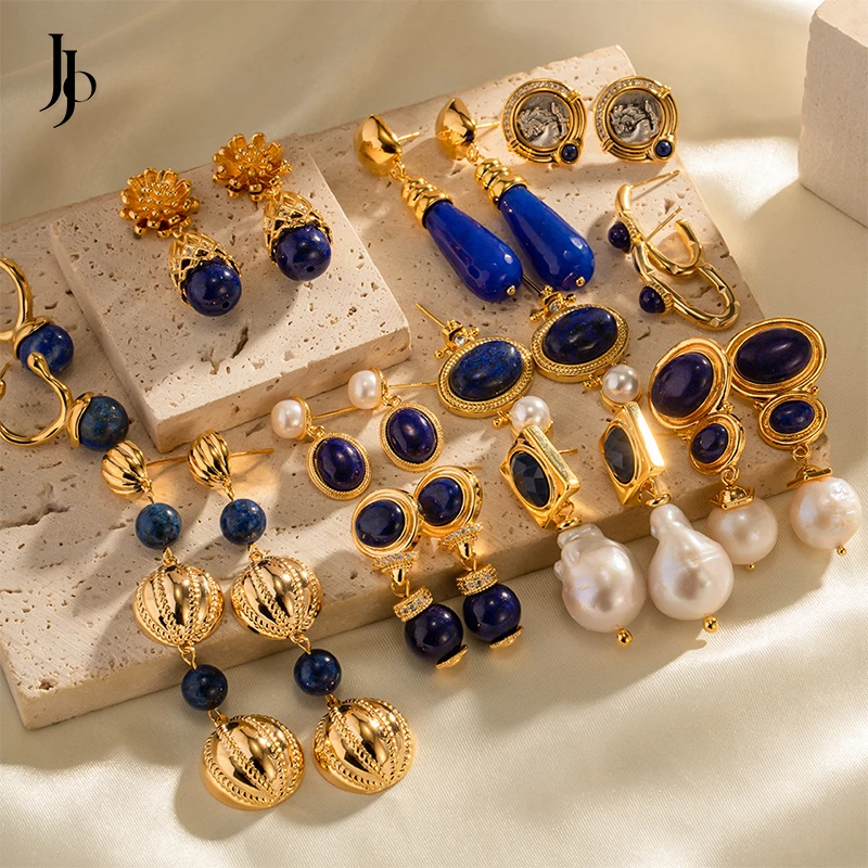 JOJO high Quality 18K Gold Lapis Lazuli Stone Drop Earring Vintage Jewelry Stainless Steel Pearl Gemstone Earrings For Women