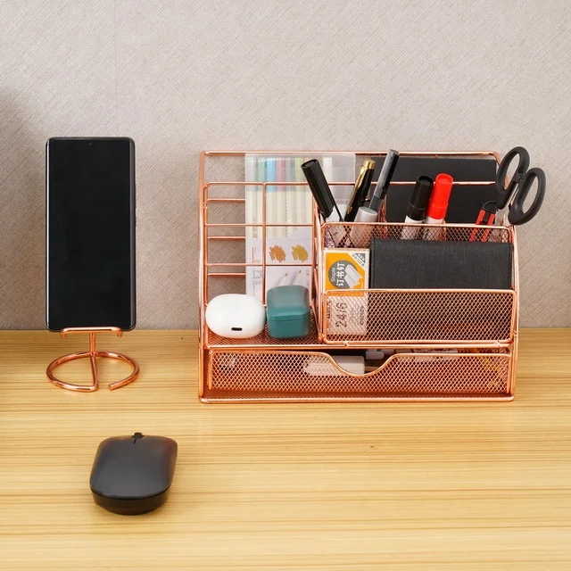 Plated Rose Gold  Metal  Set of a Office Desk Organizer Storage Holders for stationery with long drawer and a Phone Holder