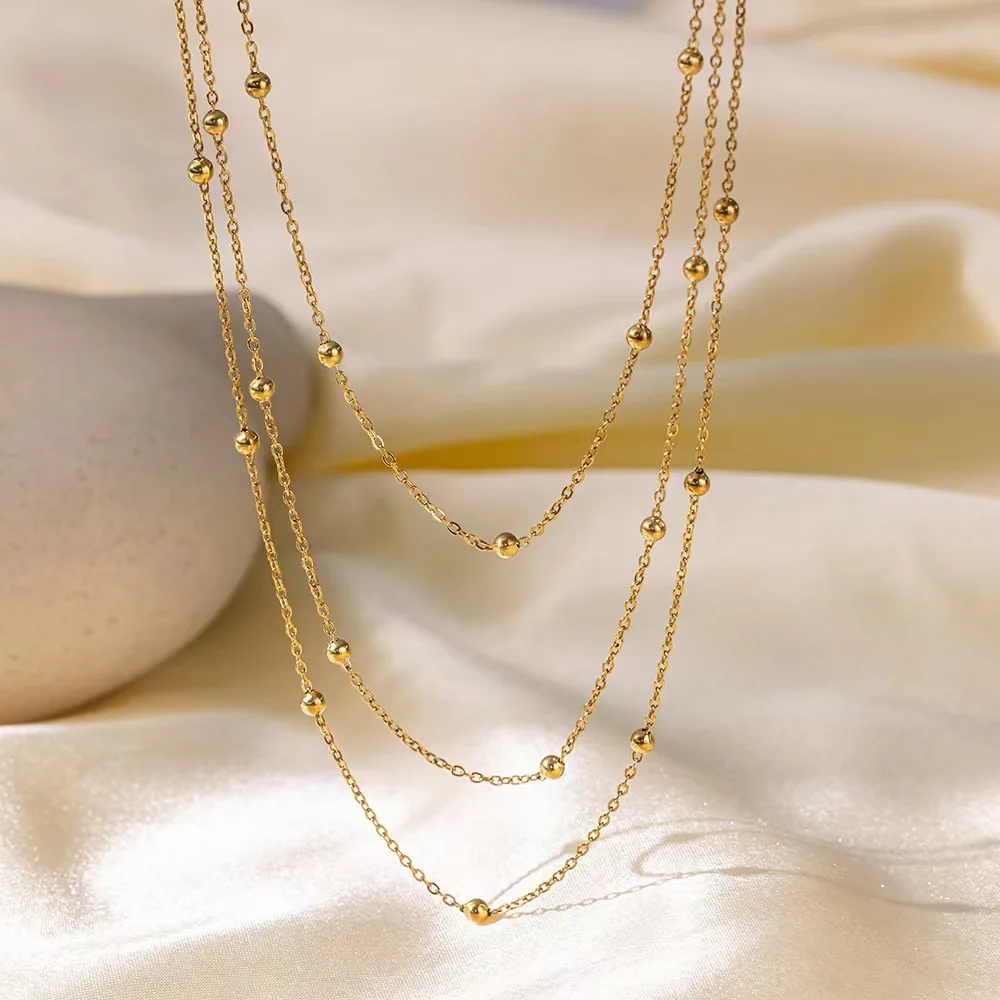 N776 Fashion stainless steel triple Stack necklace light luxury INS simple beaded stack wear 18K gold jewelry necklace wholesale