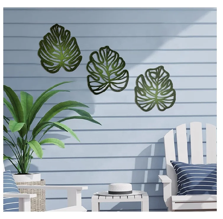 Wood Hanging Sculpture Vintage Tropical Plant Plaque Wall Art Wooden Palm Leaves Plant Wall Decor for Home  Room Office