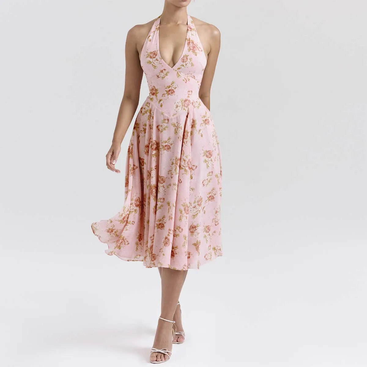 Элегантный английский винтажный сарафан с принтом роз жоржет халтер Oem идеально подходит для лета женская одежда на заказ фабрика