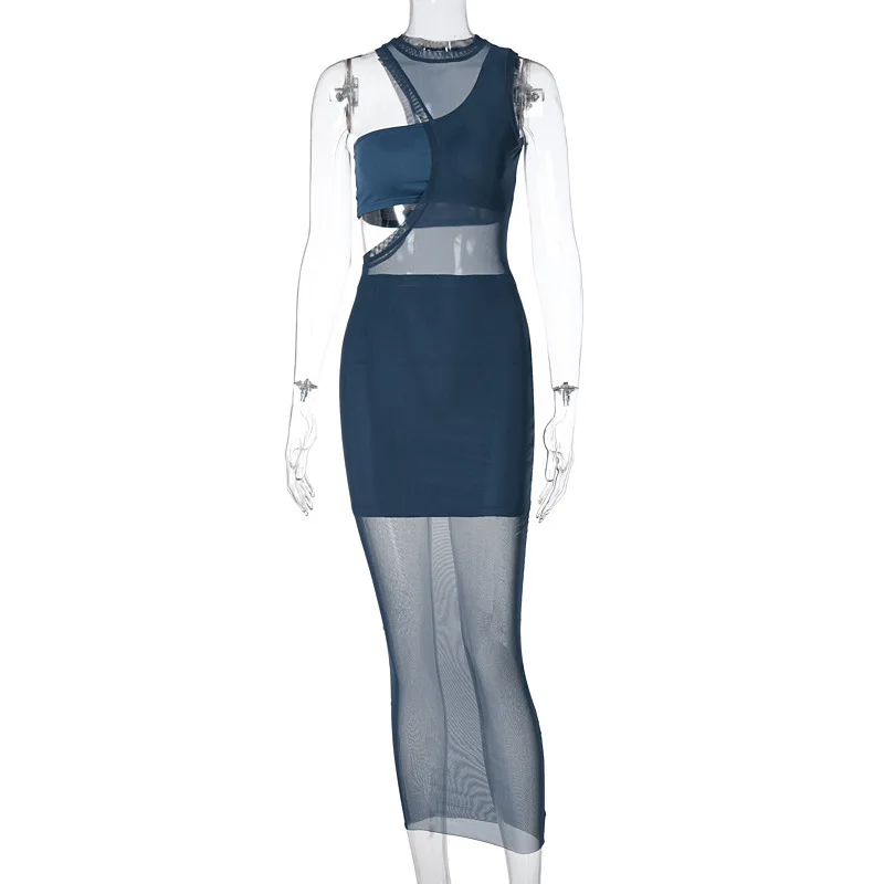 Matching sleeveless see through sexy bodycon dress casual summer casual dress mesh casual dresses