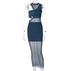 Matching sleeveless see through sexy bodycon dress casual summer casual dress mesh casual dresses