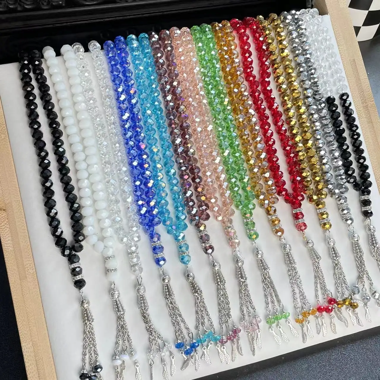Manufacturer Wholesale Faceted Crystal Rosary 8mm Faceted Crystal Rosary Feather Pendant Rosary Chain Jewelry