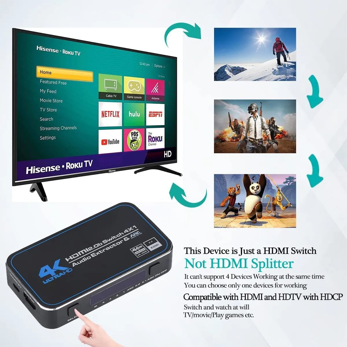 4K 120HZ HDMI Switch 4port 4 In 1 Out HDMI2.0b Switcher with Audio Extractor 3.5 jack optical fiber cable ARC For HDTV
