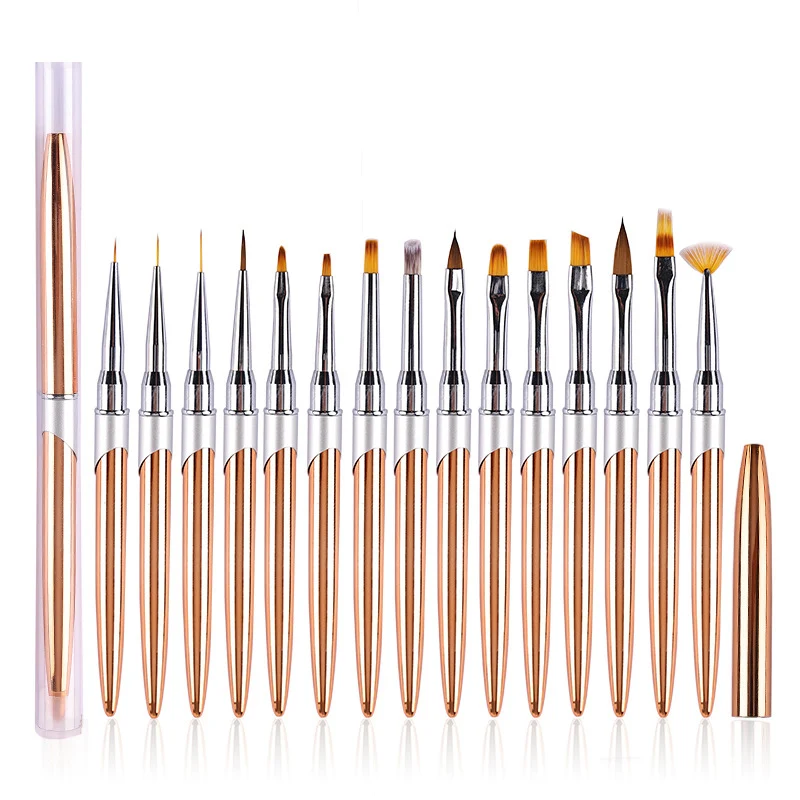 Bulk OEM Nylon 100% Pure Kolinsky Pedicure Nail Liner Brush Metal Nail Gel Pen Rose Gold Painting Manicure Nail Acrylic Brush
