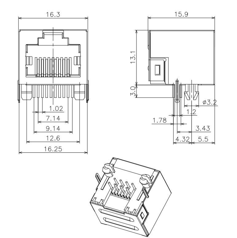 RJ45 8P 90degree 15.9MM Ethernet rj 45 Connector on PCB