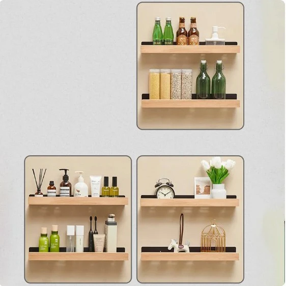Bathroom rack wall-mounted Nordic style shelf Cosmetics storage kitchen solid wood shelf