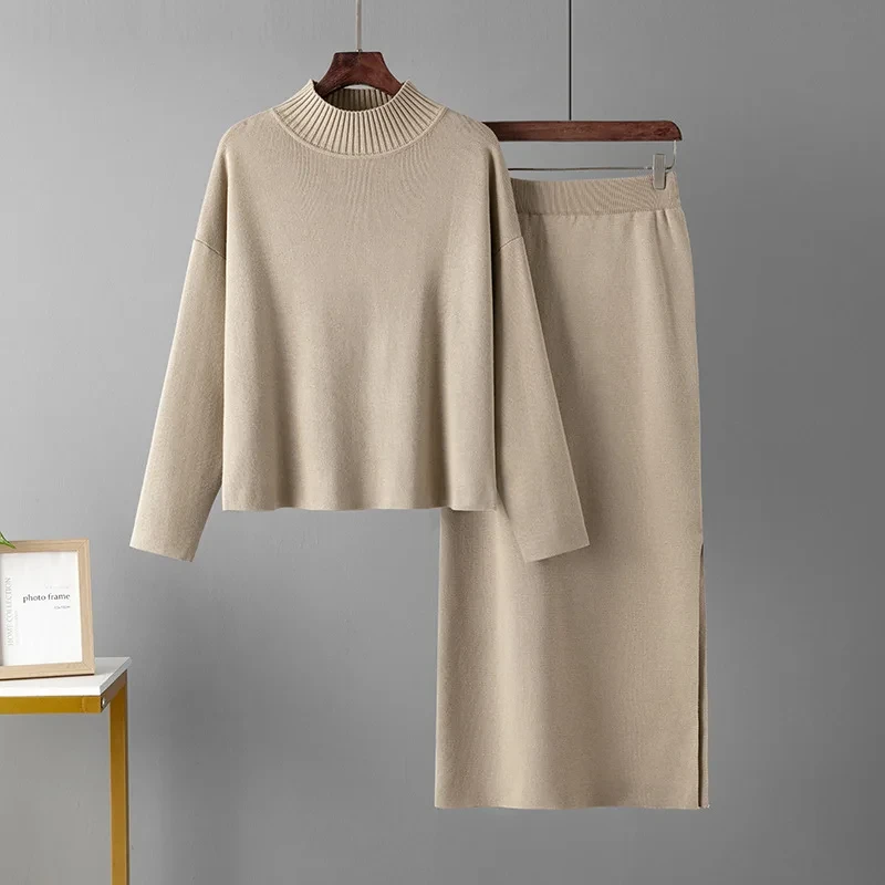 Wholesale Custom 100% Wool Knit Top Two-Piece Skirt Dress Set for Women Casual Style Crew Neck Long Length Autumn Winter Spring