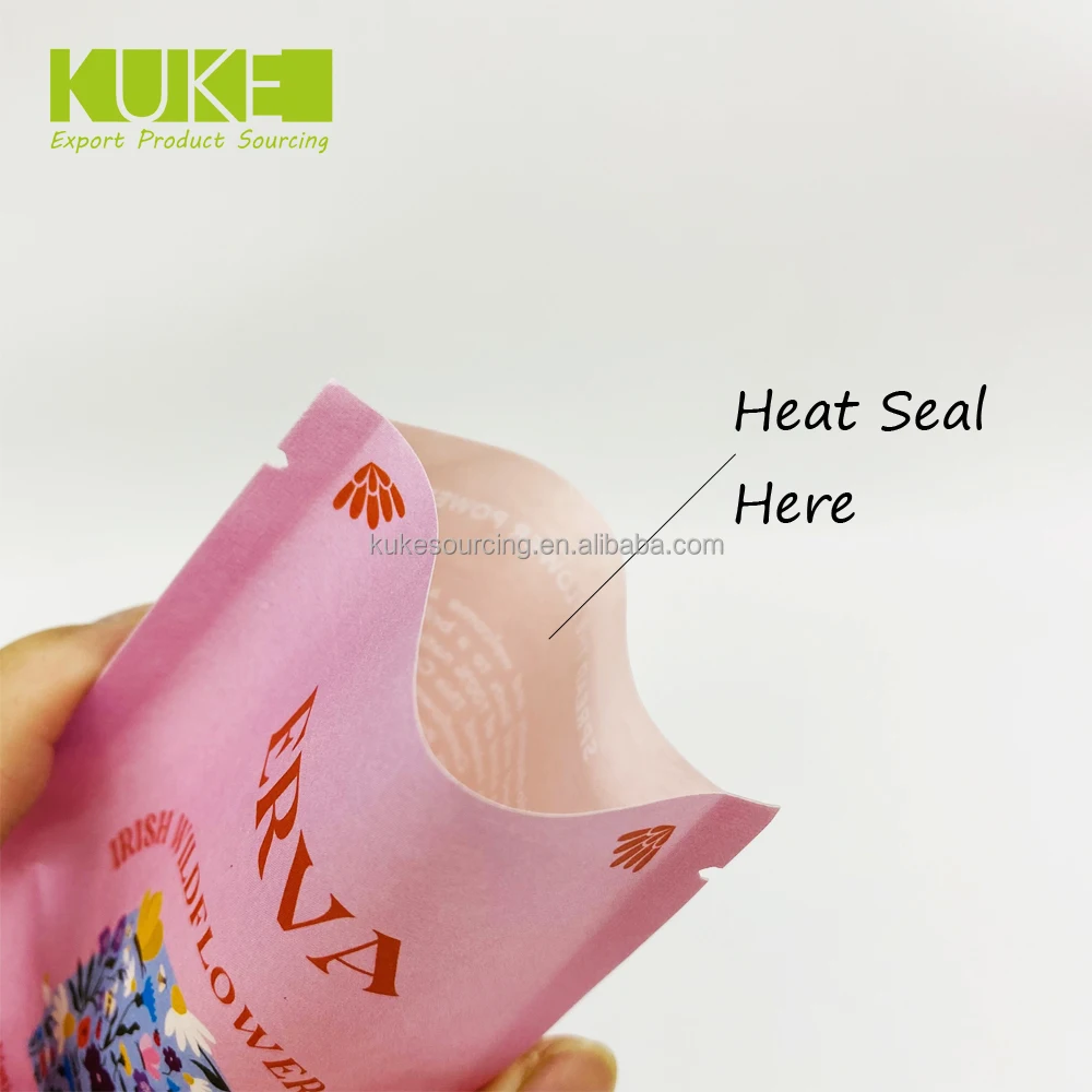 Customized Printed Kraft Paper Three Side Sealed Sachet Biodegradable Compostable Seed Tea Packaging Bag