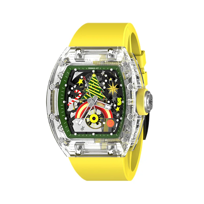 CRONUSART Modern Crystal Watch Customizable with Your Own Pattern With Fluoro Rubber Strap and Unique Skeletonized Back