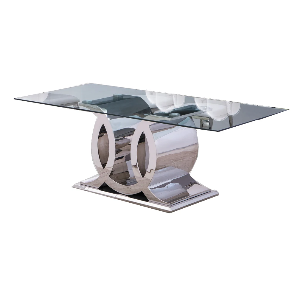 Dining Room Furniture Stainless Steel Designs Tempered Glass Top Table and Chairs Set