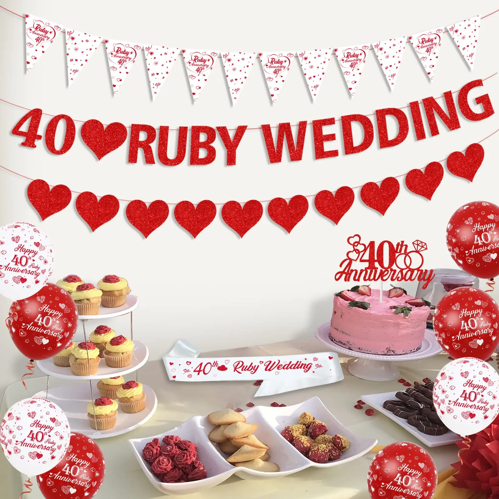 Ruby 40th Anniversary Balloons Bunting Red Heart Rings Cake Topper Satin Sash for 40th Couple Anniversary Party Supplies