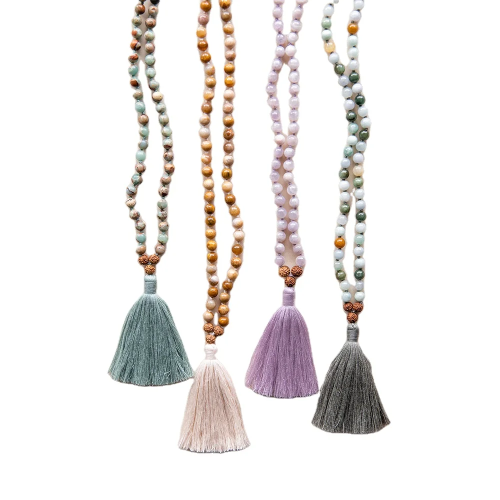 Natural Jade Mala Knotted Necklace Stone Prayer 108 Beads Rudraksha Handmade for Women Customized