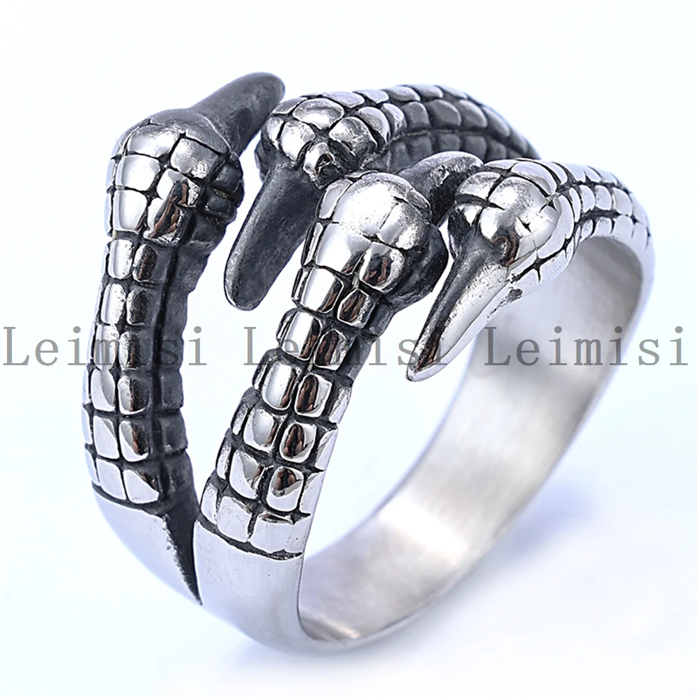 Stainless Steel Gothic Punk Biker Jewelry Stainless Steel Vintage Skeleton Dragon Sharp Claws Jewelry Finger Ring For Men