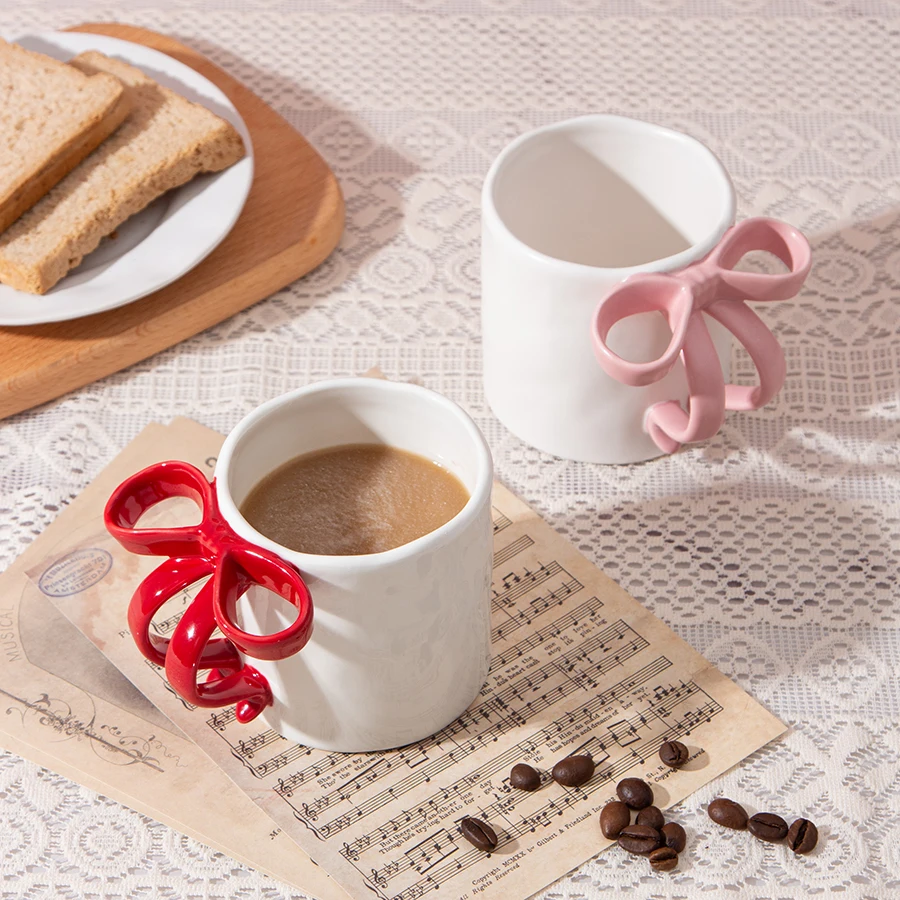 Ins new girly bow handle ceramic coffe cup Christmas Valentine Day couple gift set customized 3d cute mugs for girls