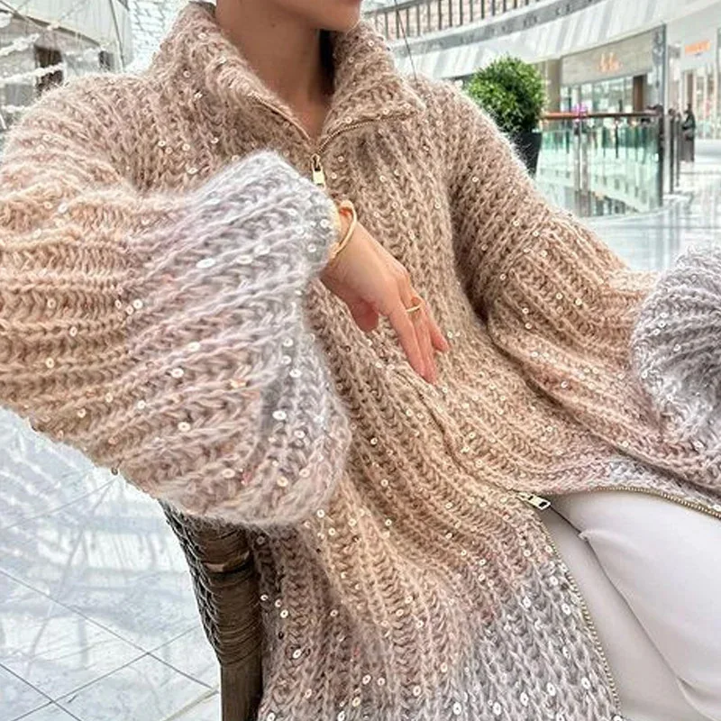 Loose High Class Elegant Sequin V-Neck Sweater Coat