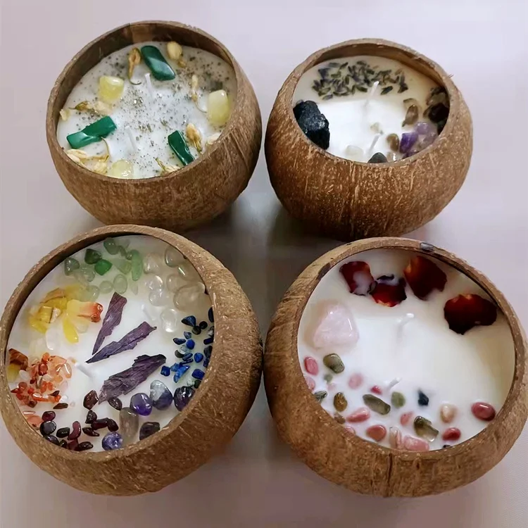 Luxury Wood Wick Coconut Bowl Candles With Crystal Handmade Natural Coconut Shell Scented Candles