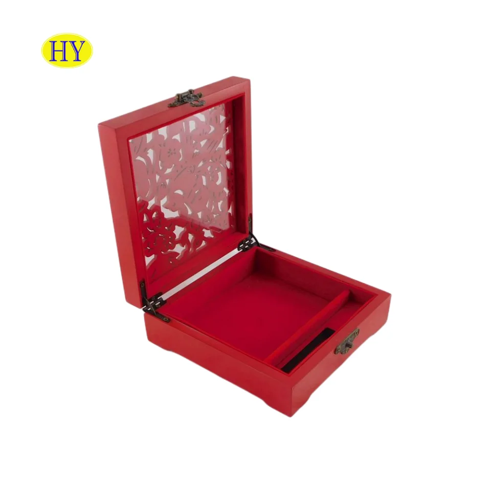 Custom Unfinished wood red painting engraving box wooden engraved gift box with hollow carved pattern lid for gift pack