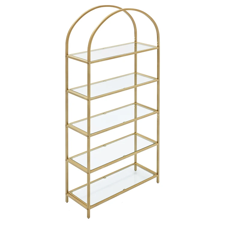 Living Room Office Simple Design Gold Black Iron Glass Arched Bookshelf Floor Standing Bookcase Shelf 5-Tier Bookcase