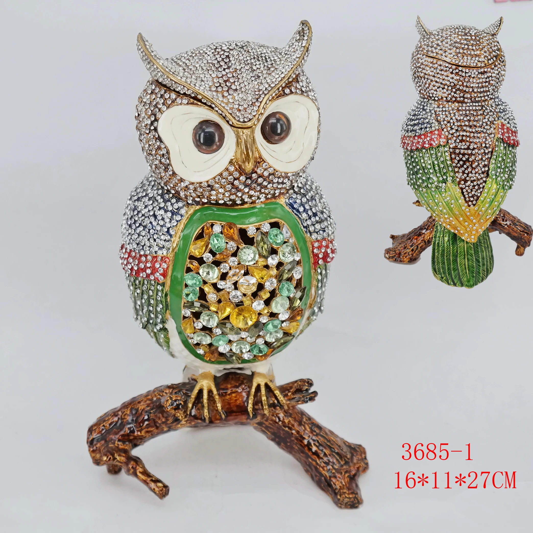 Rhinestone metal owl crystal owl figure big owl status jewelry trinket box for gifts