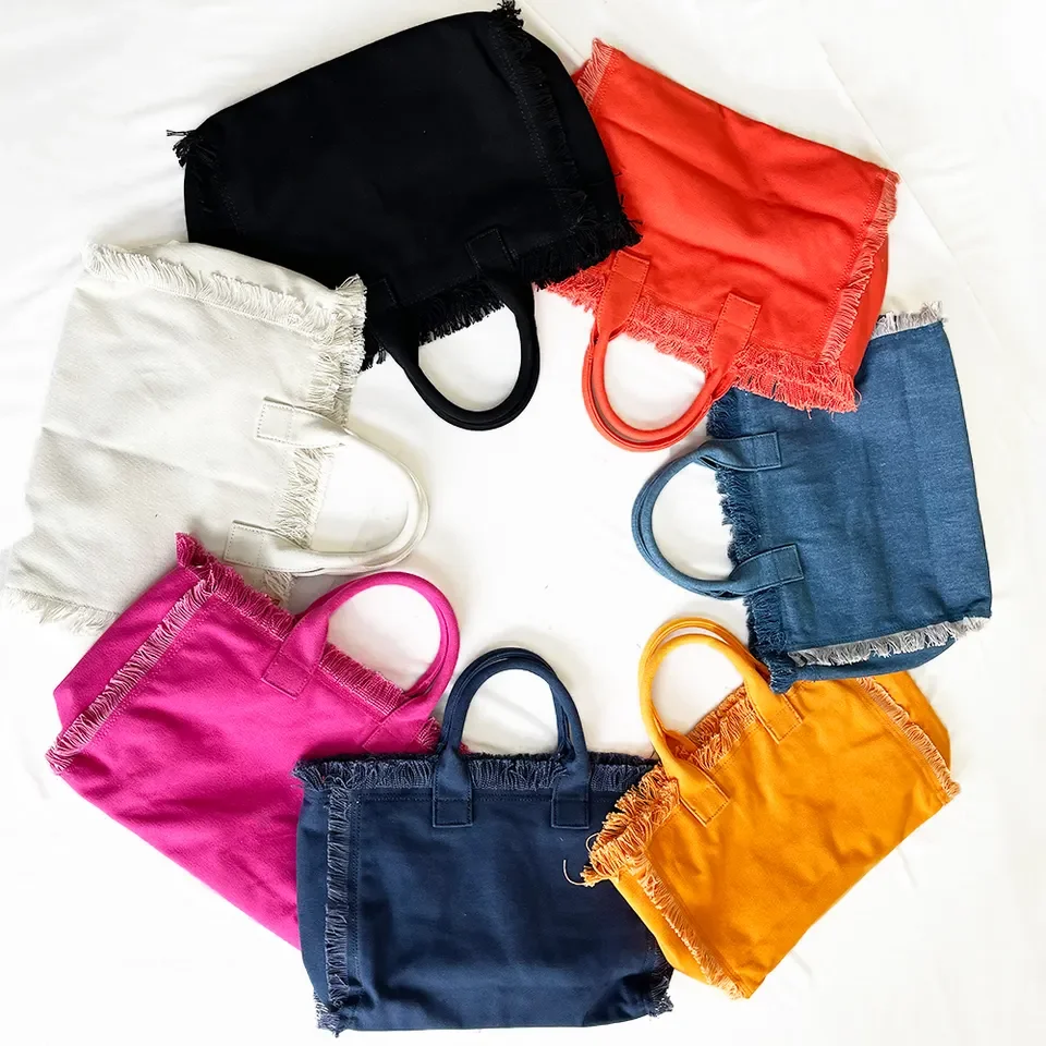 Canvas Fringe Bag Summer Beach Tote  bag Purse bags  Women Handbag with Bandanna