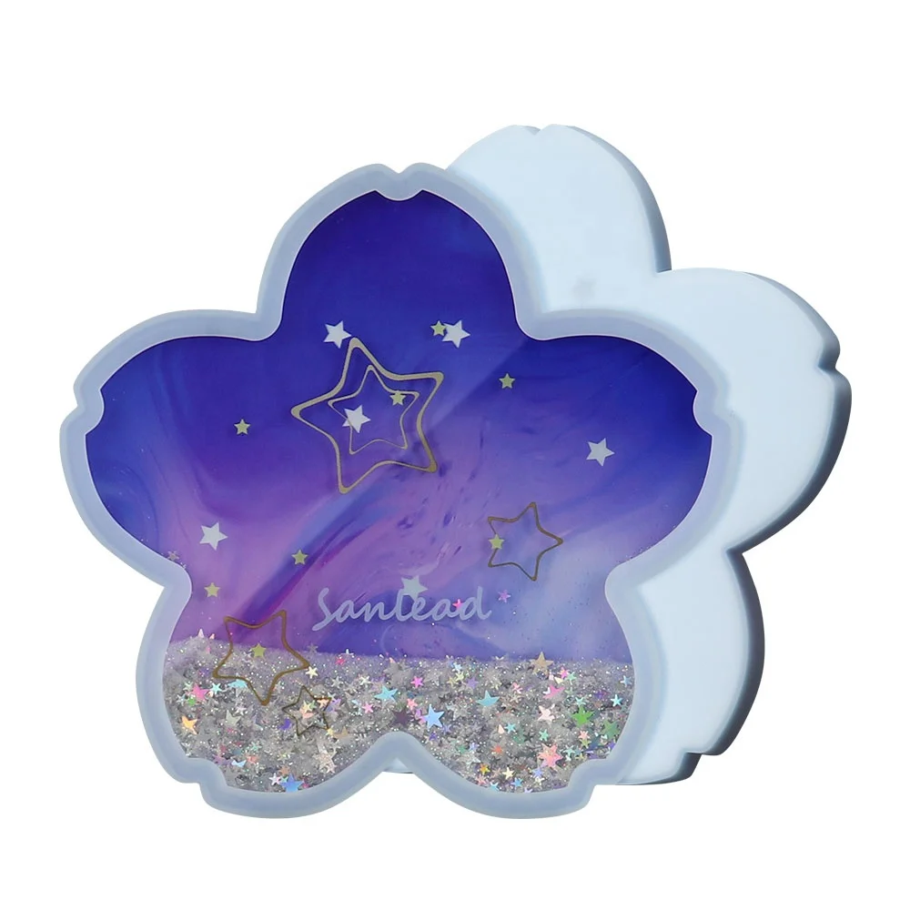 Sakura Shape Acrylic Silicone Glitter Coasters Sparkle Shiny Quicksand Waterfall Snow Floating Liquid Oil Coasters For Drinks