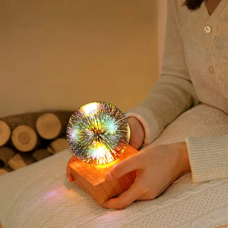 Hot selling led luminous colorful star effect 3D crystal glass magic ball fireworks night light lamp for room