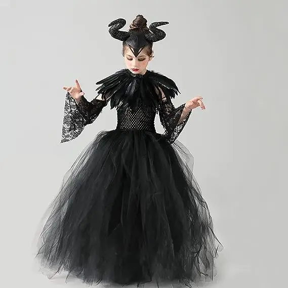 Costume for Kids Girls Evil Queen Fancy Dress Black Princess Tutu Dress Horns Accessories Child Magic Wizard Halloween Costumes