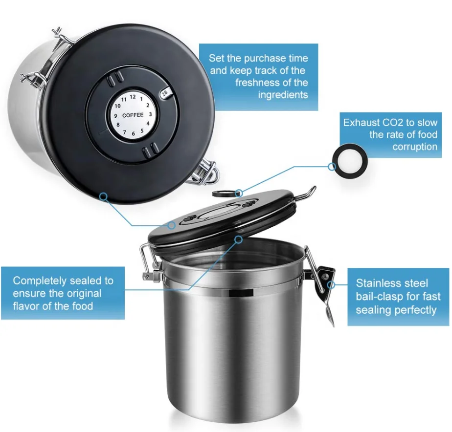 Stainless Steel Airtight Coffee Canister with Built-in CO2 Valve and Scoop and Date Tracking Wheel Gun Metal Color