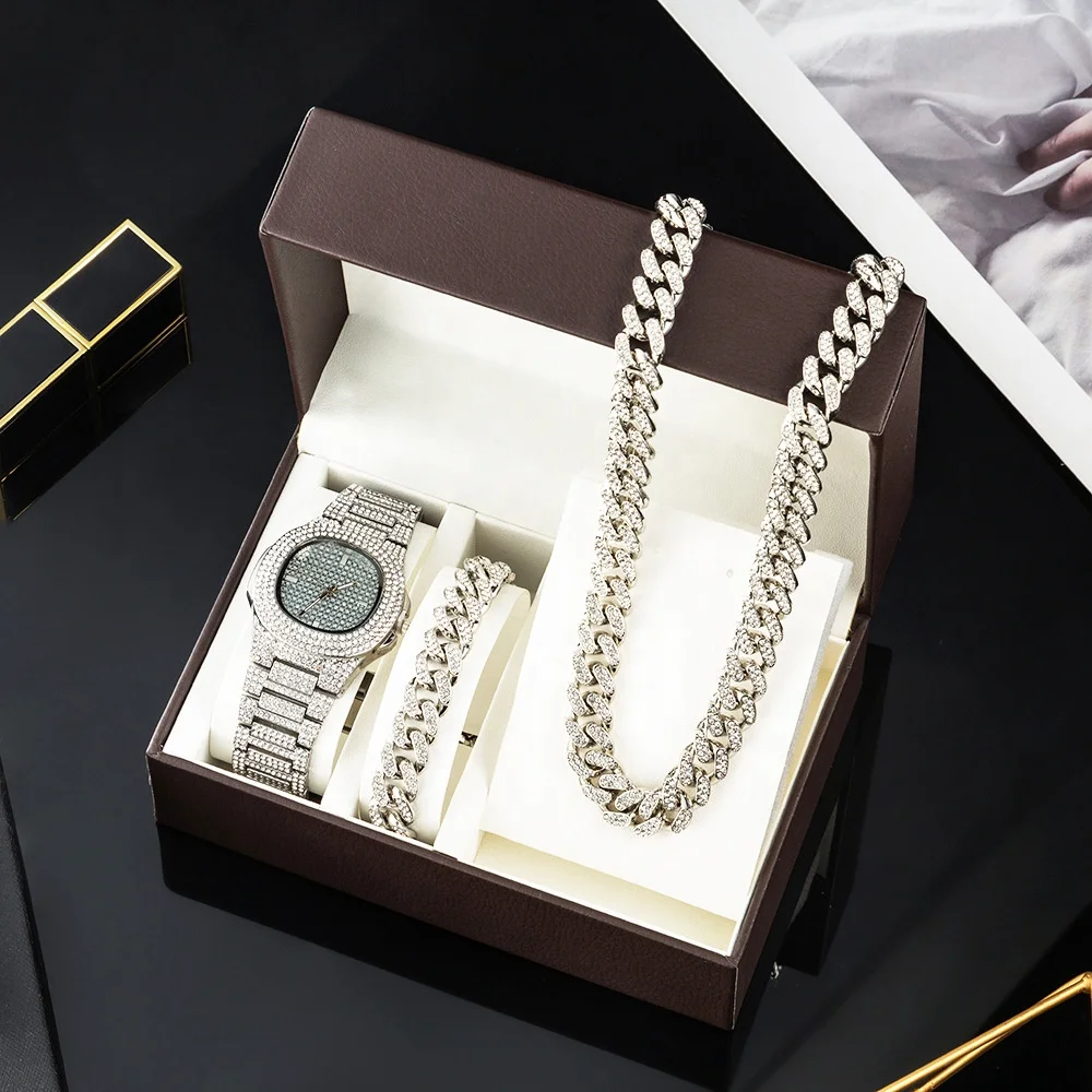 Luxury Bling Hip Hop Iced Out Diamond Watch Gift Set Cuba Chain Diamond Necklace Bracelet Men Watch Set