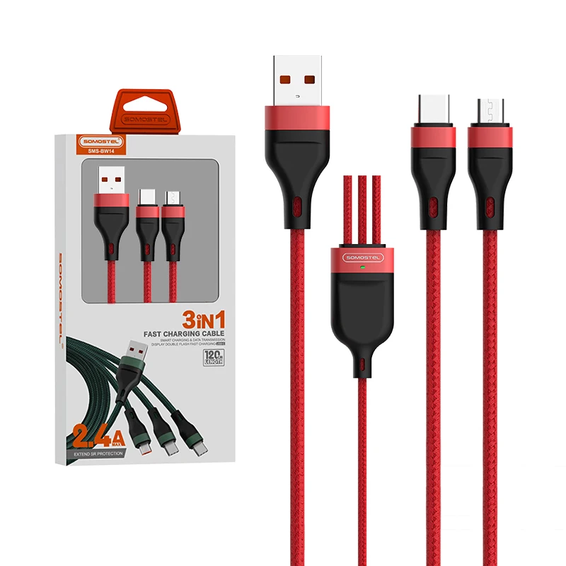 SOMOSTEL Cables BW14 Three In One Weaving Data Cable Support Multiple Outputs Adapter for mobile phone