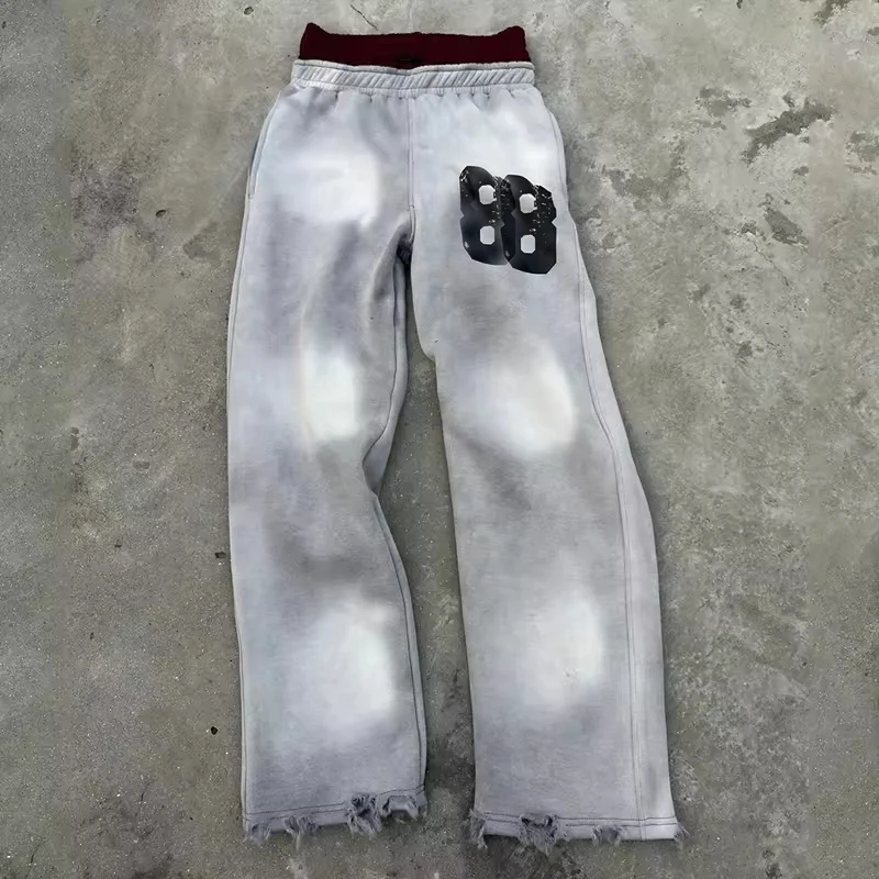 Custom Loose Sun Faded Sweatpants French Terry Distressed Washed Double Waist Straight Trackpants Acid Washed Flare Sweatpants