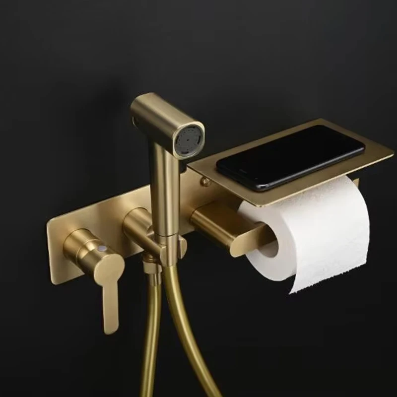 Brushed Gold Hot and Cold Brass Toilet jet Shattaf Bidet Spray Set Muslim Shower Handheld bidet sprayer with Paper Holder