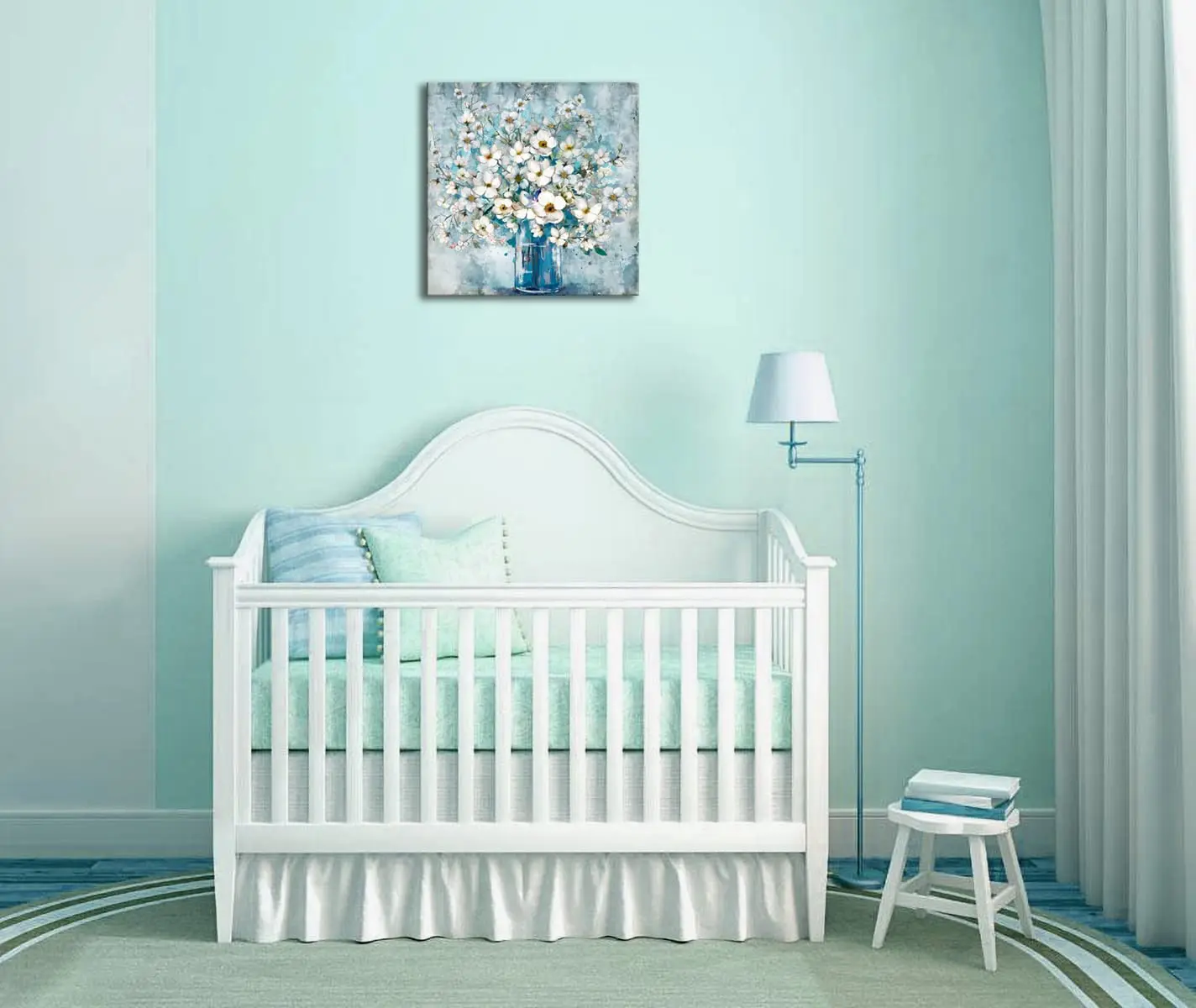 Decor White Flower In Blue Bottle Theme Picture Wall Art Painting Designs