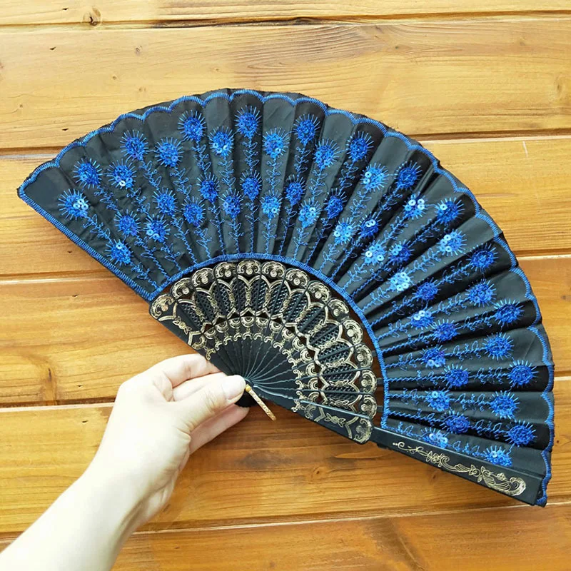 [I AM YOUR FANS] Embroidery Sequin Hand Fan Classic Plastic Frame Fabric Dancing Hand Fan for Holiday Events Wedding