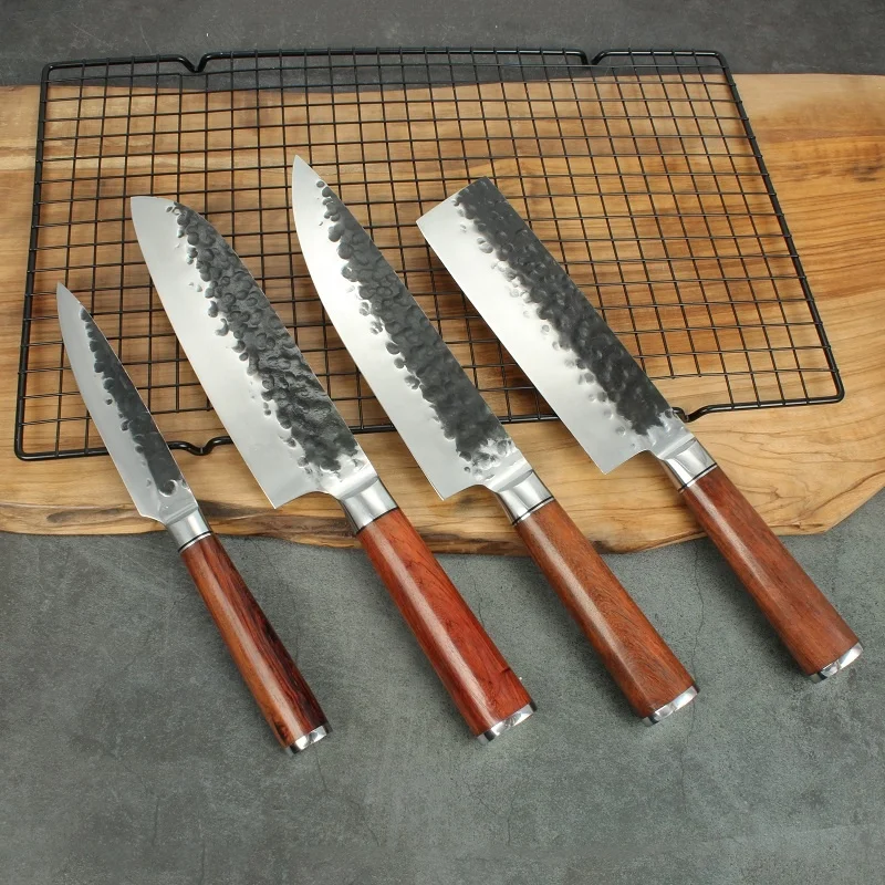 Hot selling professional butcher knife set stainless steel knife hammered blade with forged wood handle