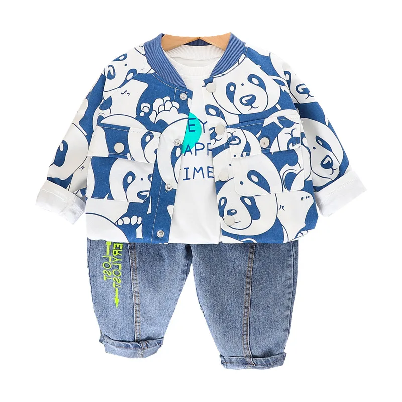 Children Cotton Wear Suits Boys Cartoon Print Panda T-shirt Pants 3Pcs Spring Autumn Sport Clothes