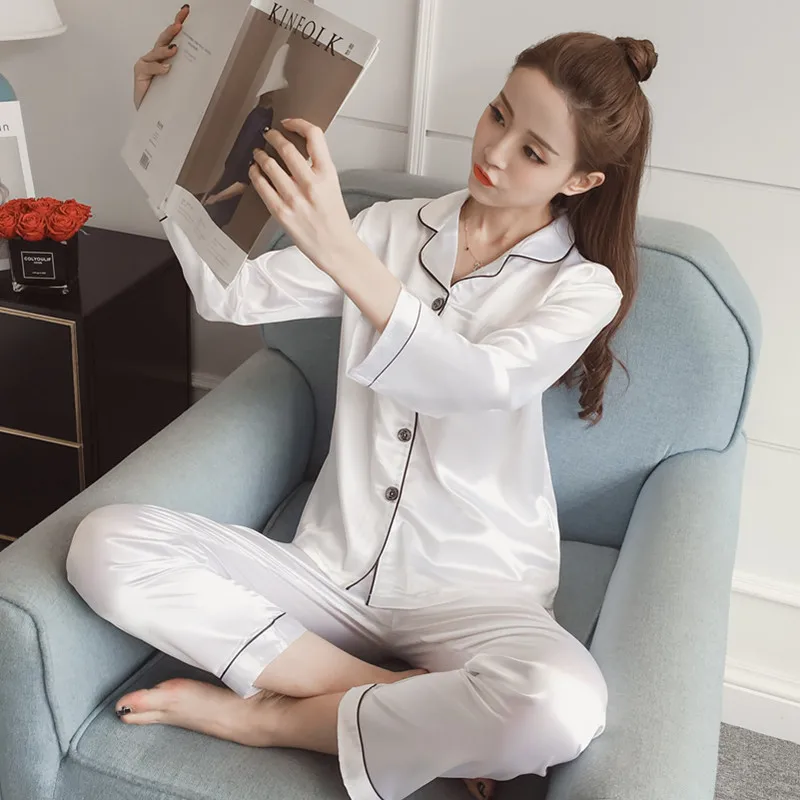 Simulated silk pajamas long-sleeved spring and autumn new long-sleeved trousers lapel cardigan satin home wear two-piece suit